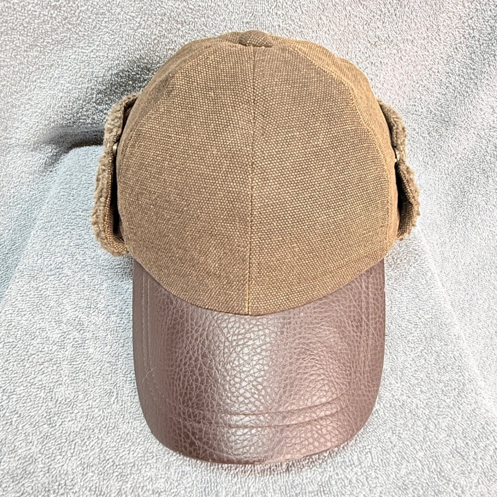 RedHead Trapper Hat Mens M Brown Canvas Sherpa Ear Flaps Faux Leather Brim